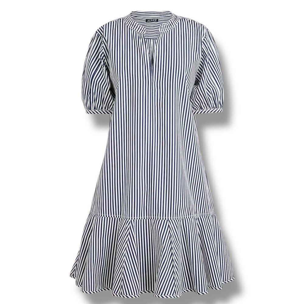 J Crew Striped Cotton Poplin Delilah Dress Womens XS Blue White Puff Sleeve